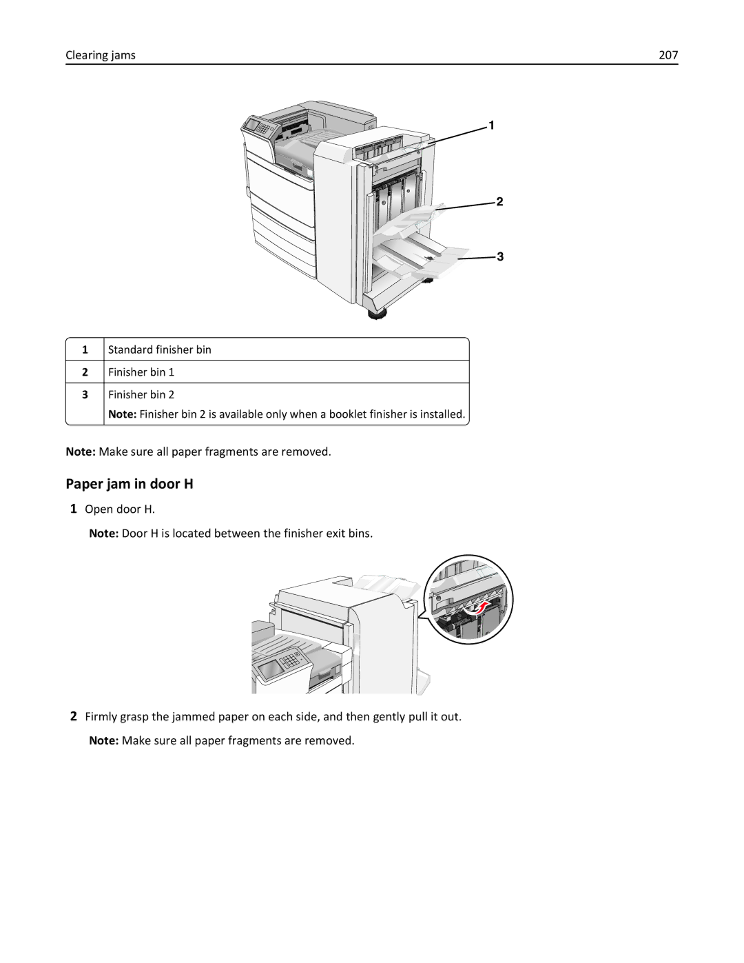 Lexmark C950 manual Paper jam in door H, Clearing jams 207 