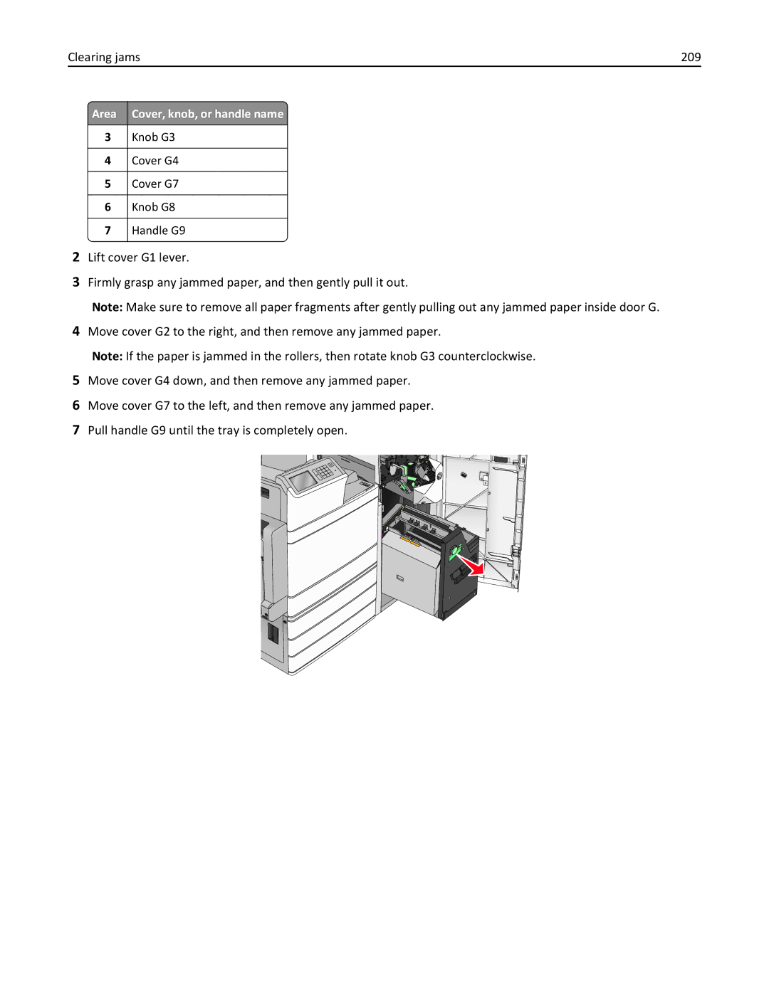 Lexmark C950 manual Clearing jams 209 