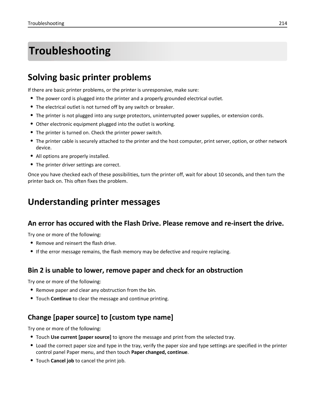 Lexmark C950 manual Solving basic printer problems, Understanding printer messages, Troubleshooting 214 