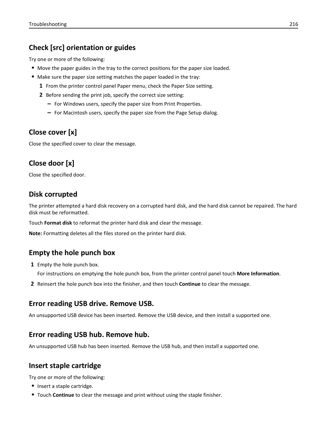 Lexmark C950 manual Check src orientation or guides, Close cover, Close door, Disk corrupted, Empty the hole punch box 