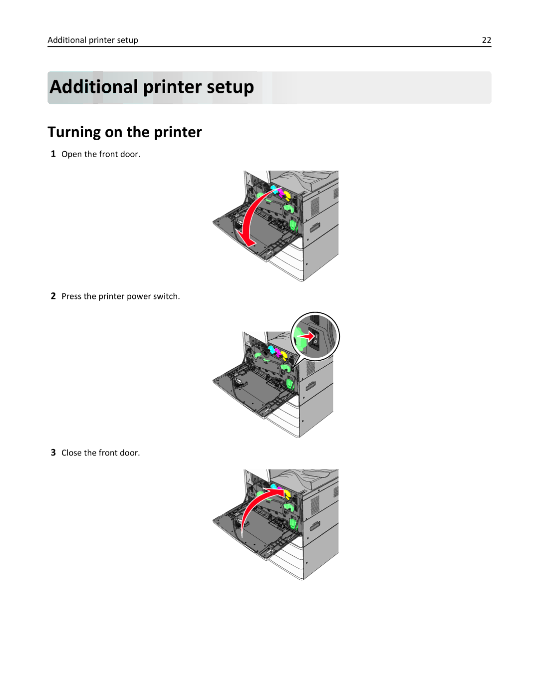 Lexmark C950 manual Additional printer setup, Turning on the printer 