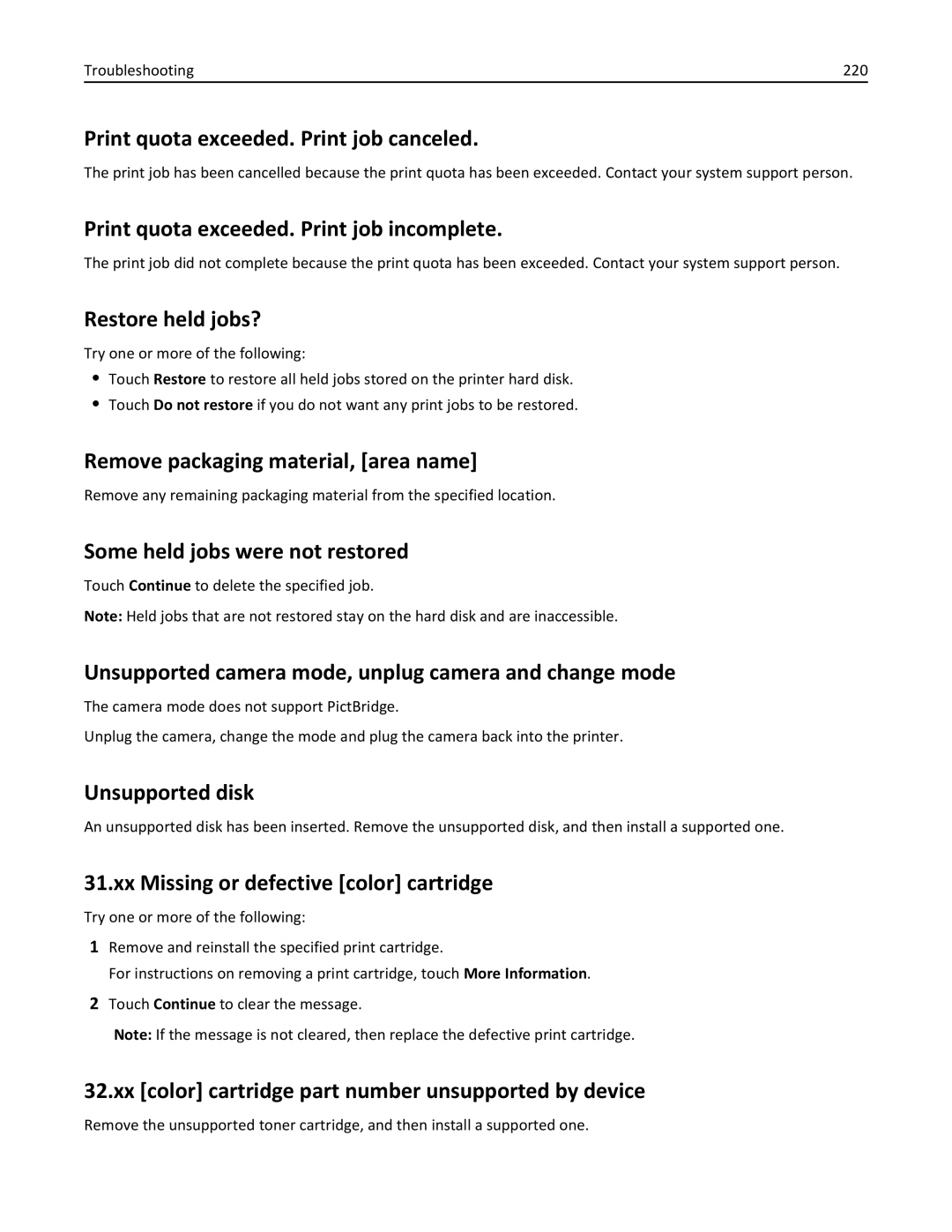 Lexmark C950 Print quota exceeded. Print job canceled, Print quota exceeded. Print job incomplete, Restore held jobs? 