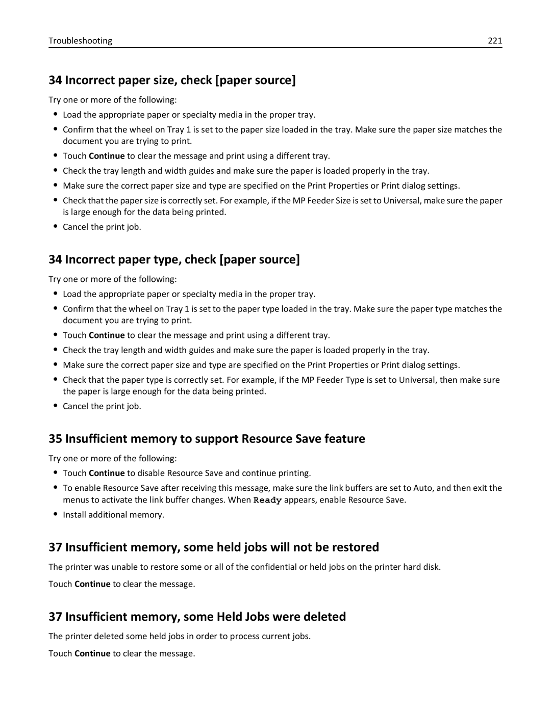 Lexmark C950 manual Incorrect paper size, check paper source, Incorrect paper type, check paper source 