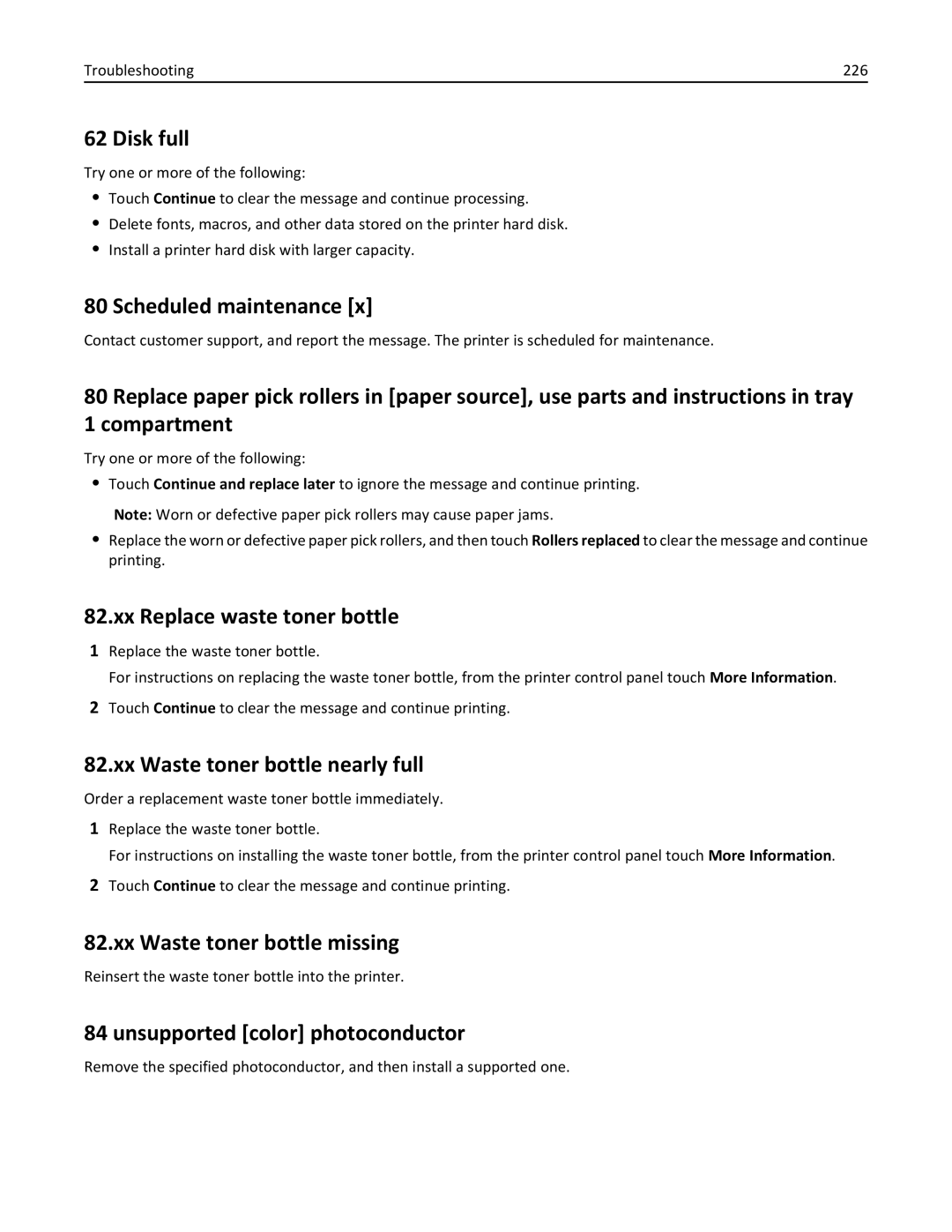 Lexmark C950 manual Disk full, Scheduled maintenance, Xx Replace waste toner bottle, Xx Waste toner bottle nearly full 