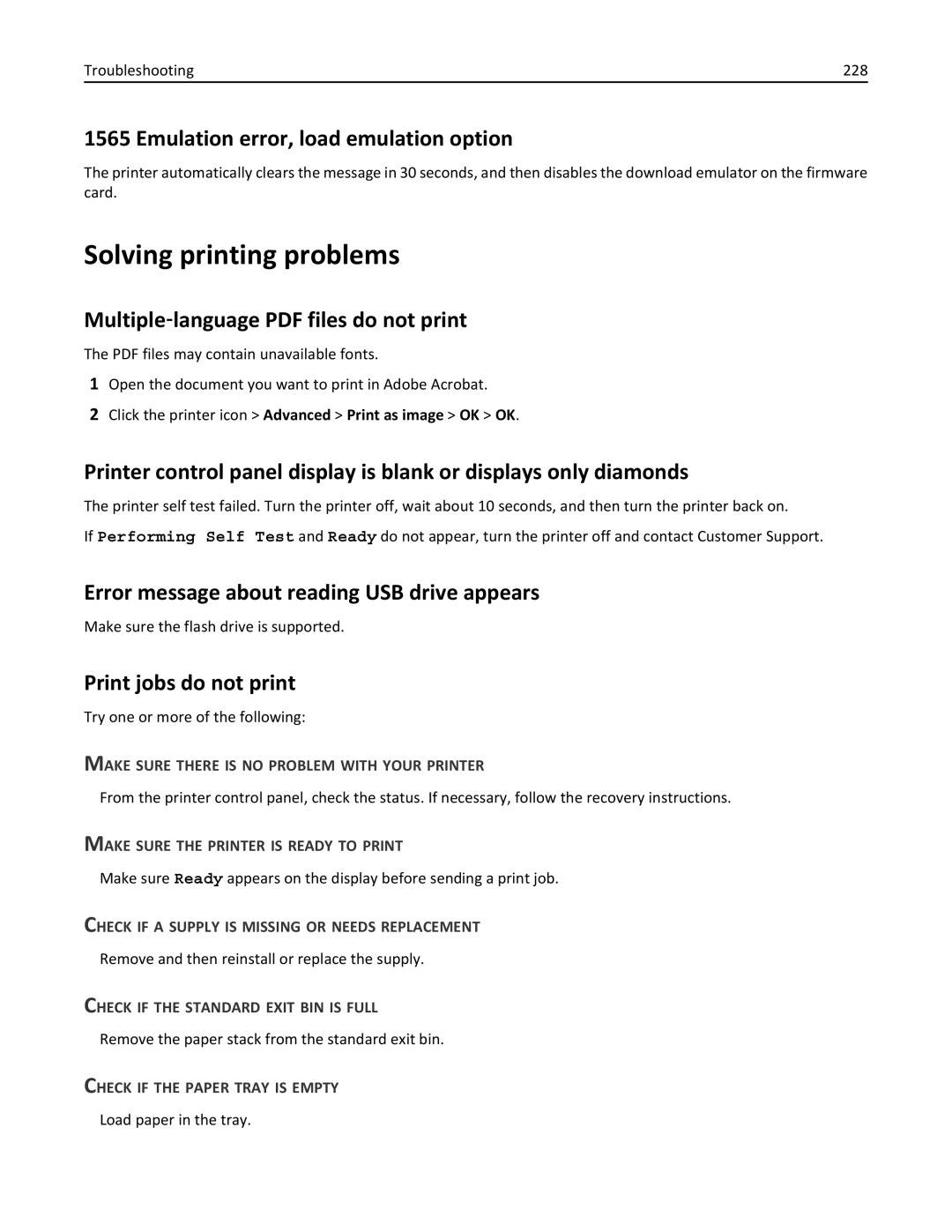 Lexmark C950 manual Solving printing problems, Emulation error, load emulation option, Print jobs do not print 