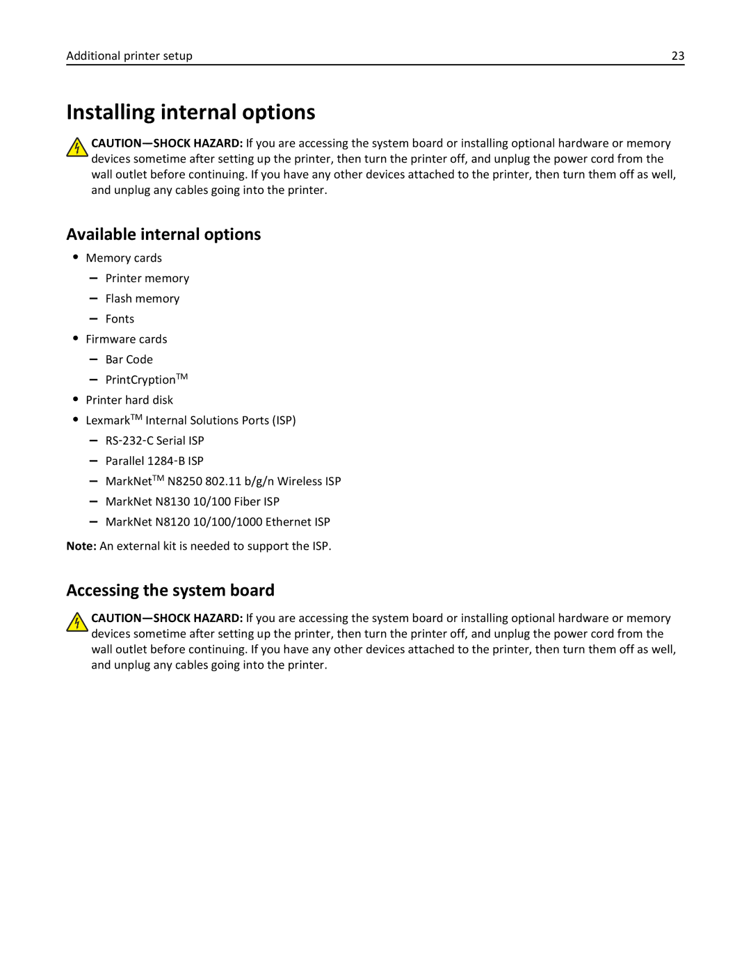 Lexmark C950 manual Installing internal options, Available internal options, Accessing the system board 