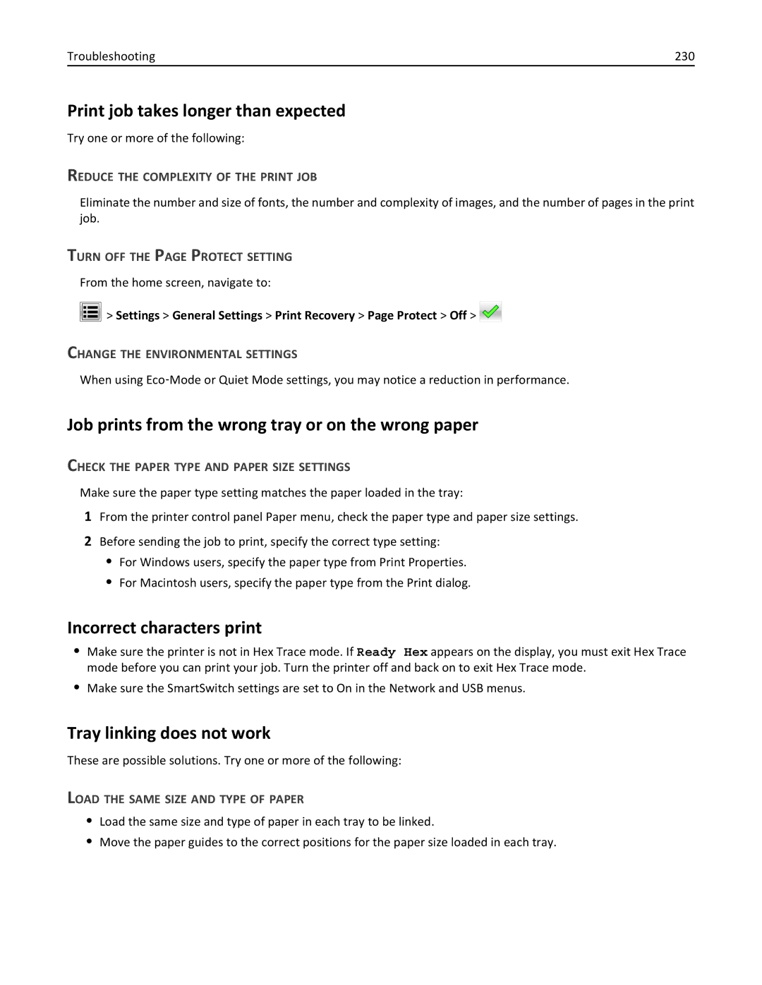 Lexmark C950 manual Print job takes longer than expected, Job prints from the wrong tray or on the wrong paper 