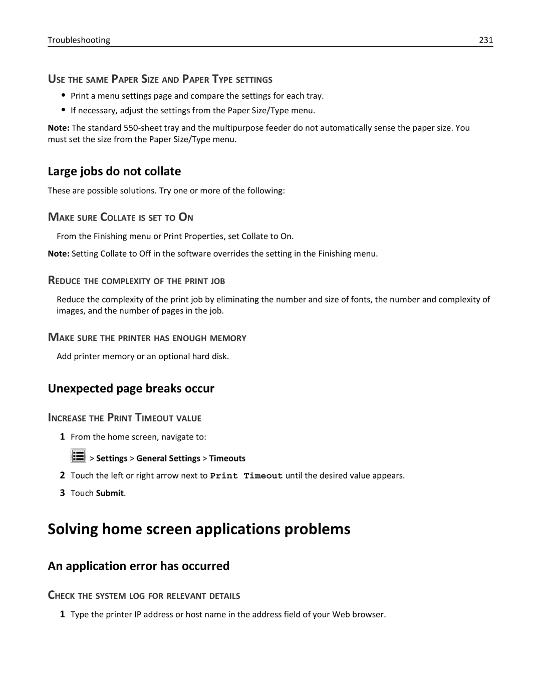 Lexmark C950 manual Solving home screen applications problems, Large jobs do not collate, Unexpected page breaks occur 