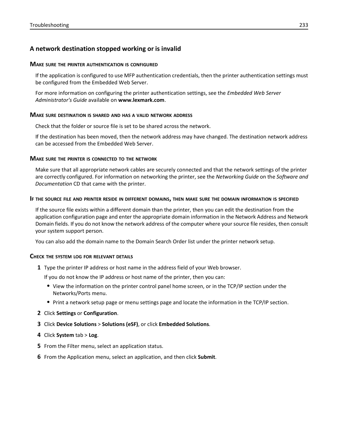 Lexmark C950 manual Network destination stopped working or is invalid, Troubleshooting 233 