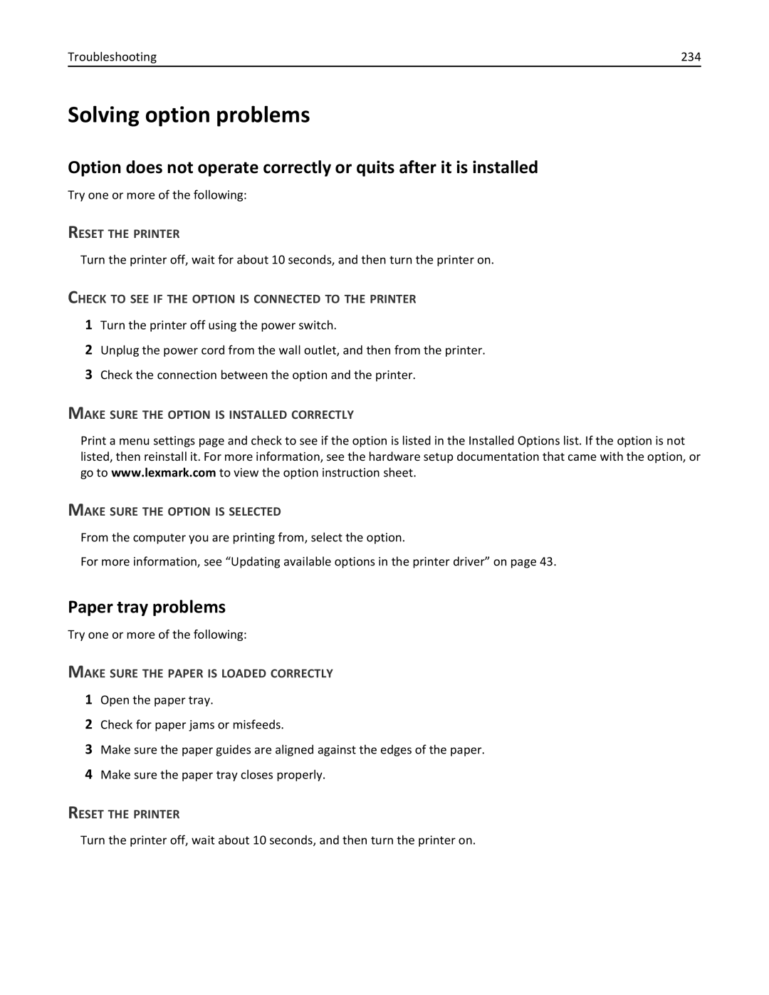 Lexmark C950 Solving option problems, Paper tray problems, Reset the Printer, Make Sure the Paper is Loaded Correctly 