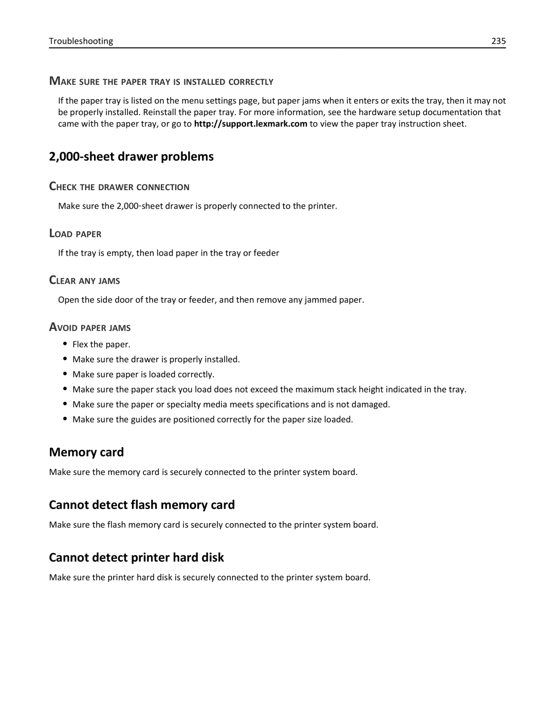 Lexmark C950 manual Sheet drawer problems, Memory card, Cannot detect flash memory card, Cannot detect printer hard disk 