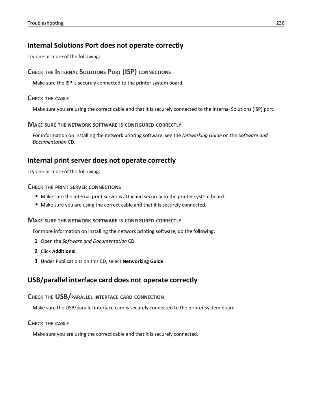 Lexmark C950 manual Internal Solutions Port does not operate correctly, Internal print server does not operate correctly 