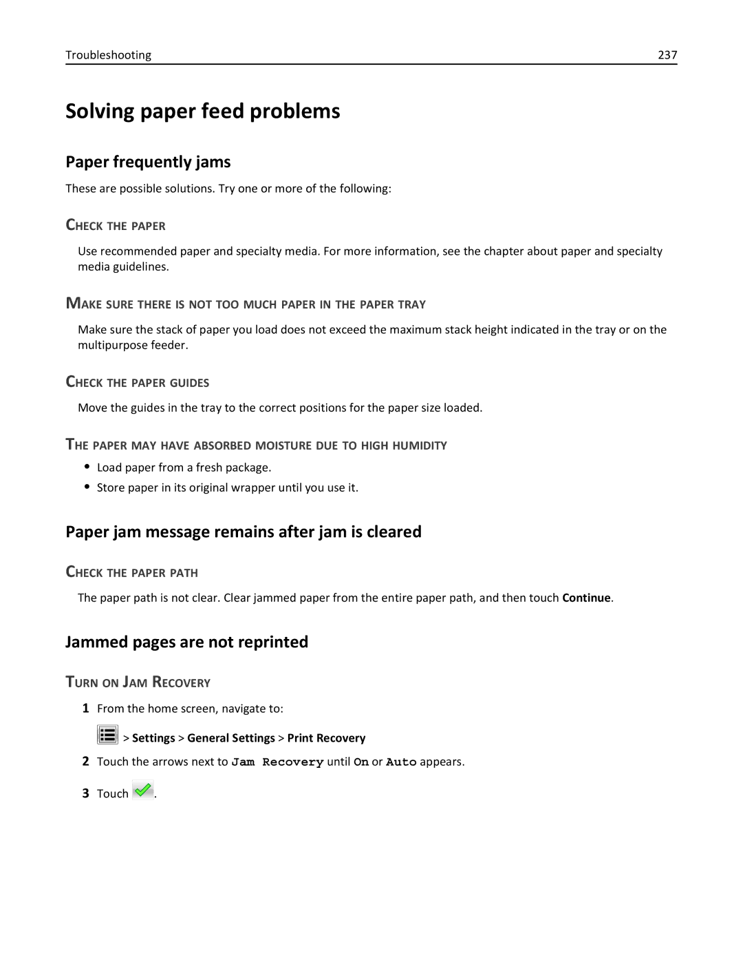 Lexmark C950 manual Solving paper feed problems, Paper frequently jams, Paper jam message remains after jam is cleared 