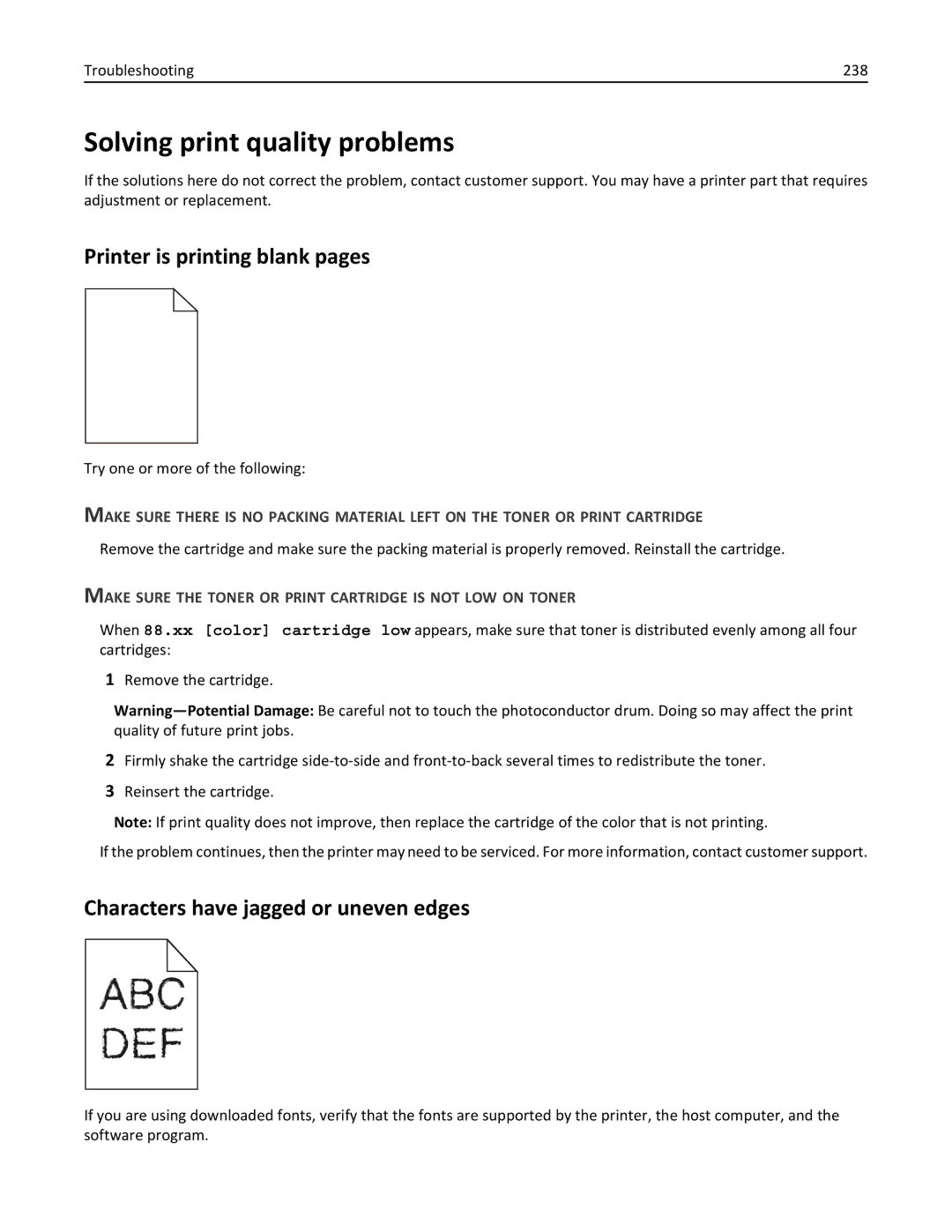 Lexmark C950 manual Solving print quality problems, Printer is printing blank pages, Characters have jagged or uneven edges 