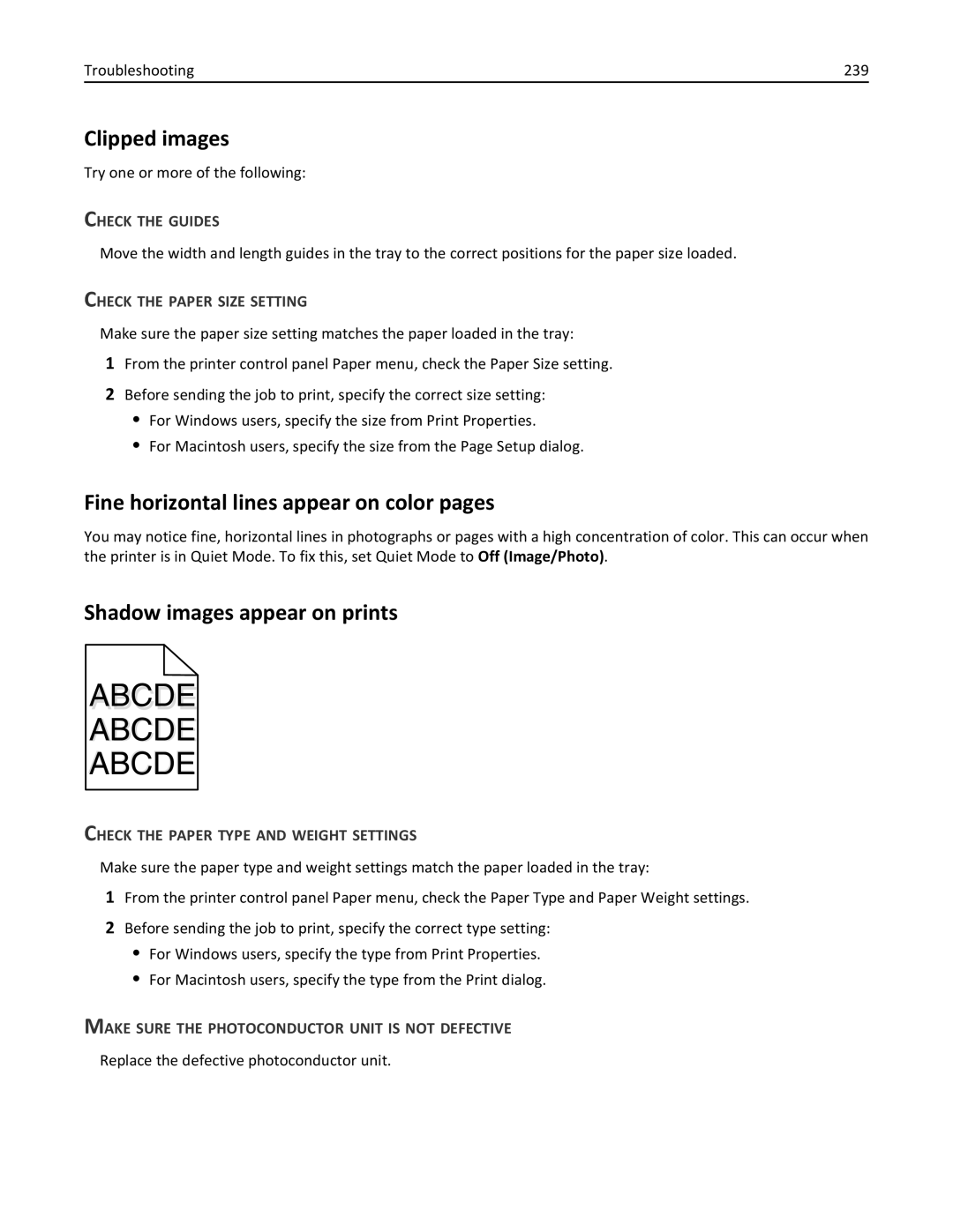 Lexmark C950 manual Clipped images, Fine horizontal lines appear on color pages, Shadow images appear on prints 