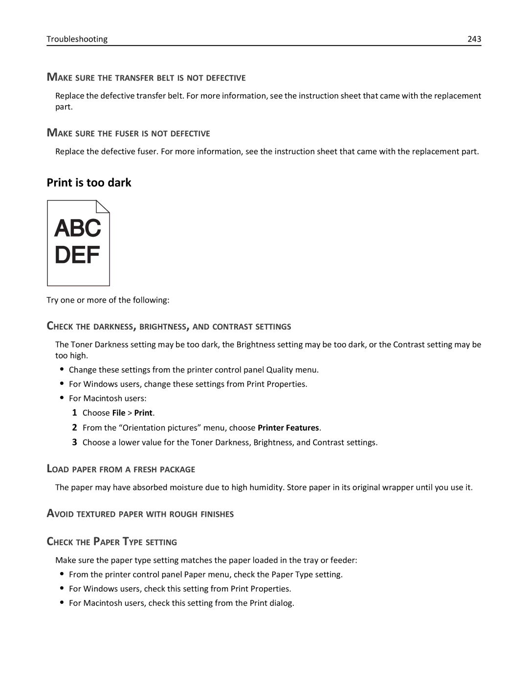 Lexmark C950 manual Print is too dark, Troubleshooting 243, Make Sure the Transfer Belt is not Defective 