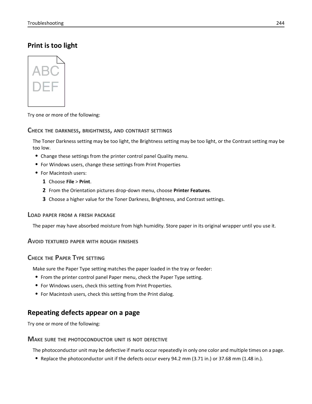 Lexmark C950 manual Print is too light, Repeating defects appear on a, Troubleshooting 244 