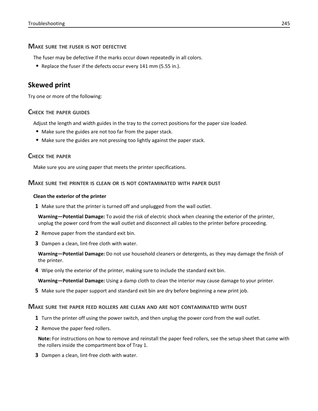 Lexmark C950 manual Skewed print, Troubleshooting 245, Clean the exterior of the printer 