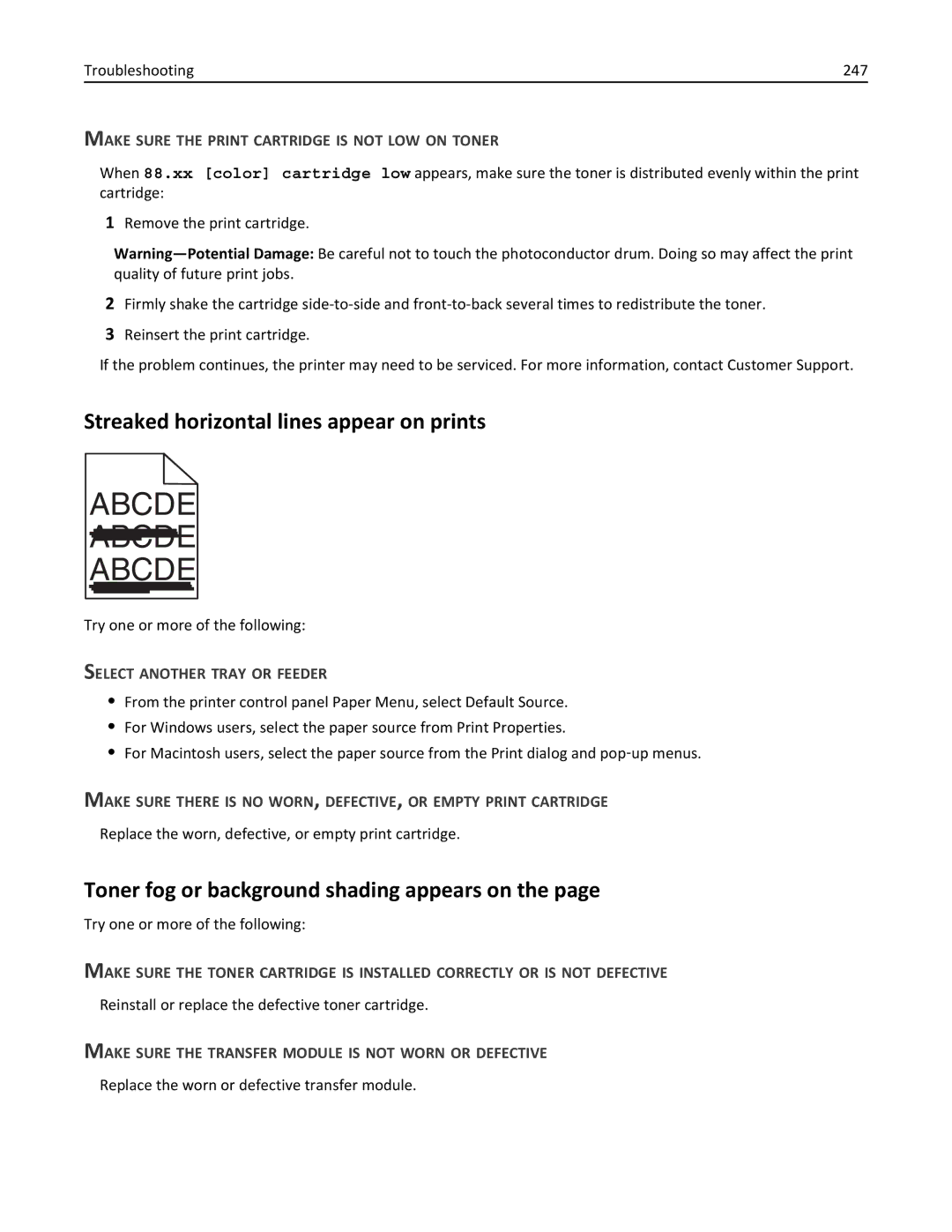 Lexmark C950 manual Streaked horizontal lines appear on prints, Toner fog or background shading appears on 