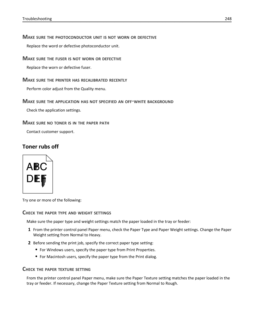 Lexmark C950 manual Toner rubs off 