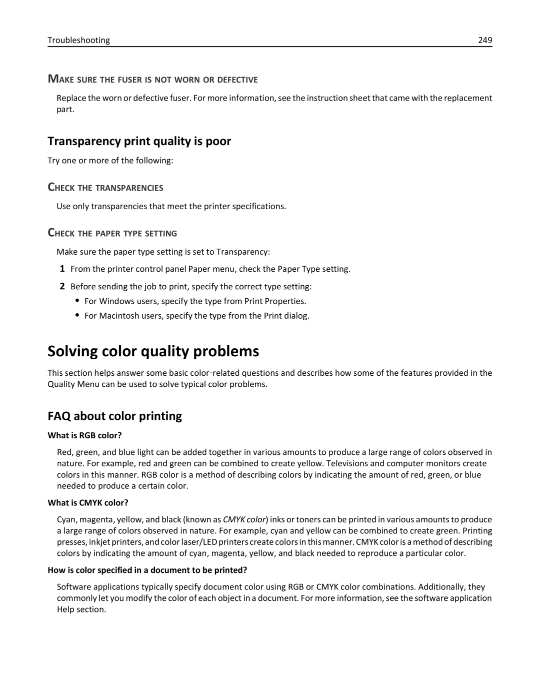 Lexmark C950 manual Solving color quality problems, Transparency print quality is poor, FAQ about color printing 