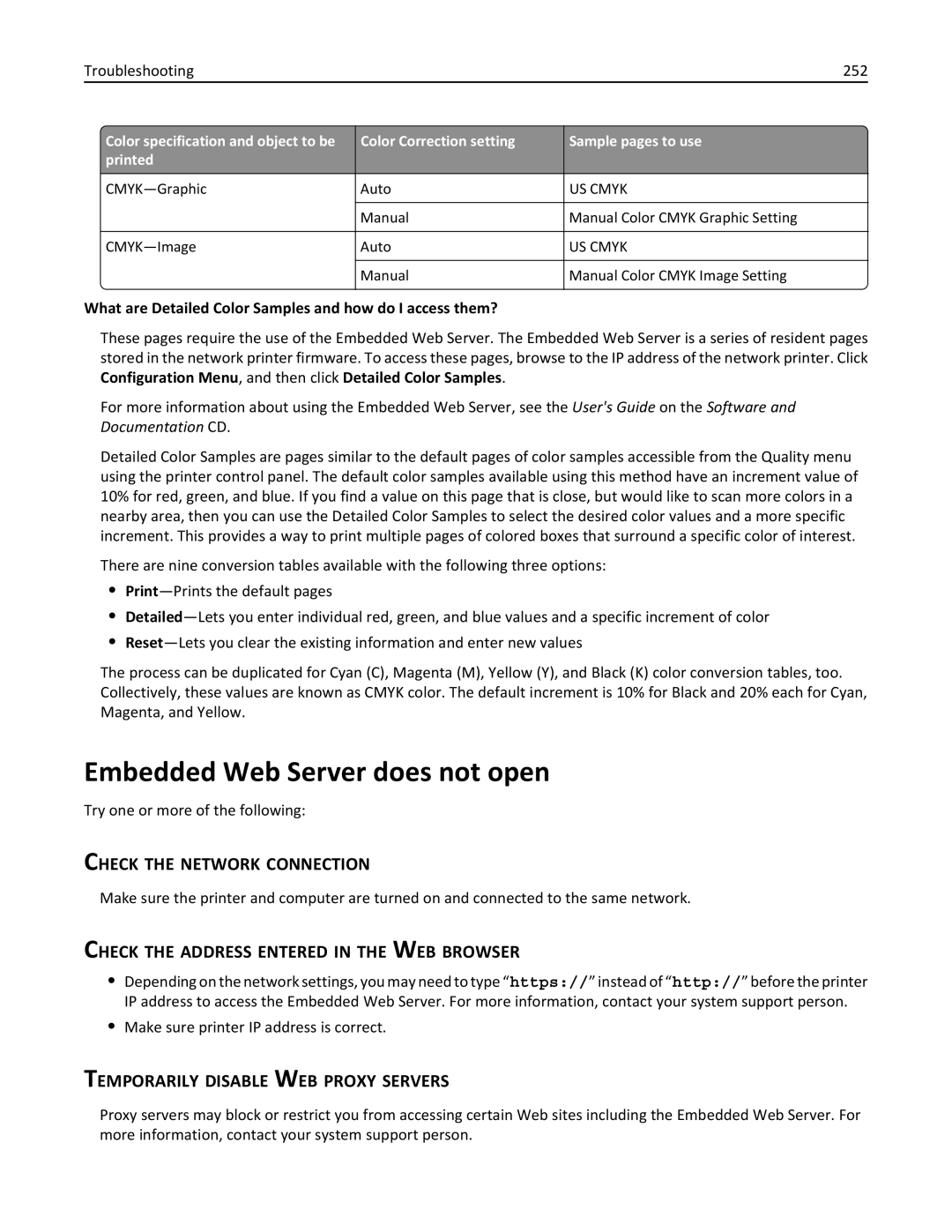 Lexmark C950 manual Embedded Web Server does not open, Troubleshooting 252 