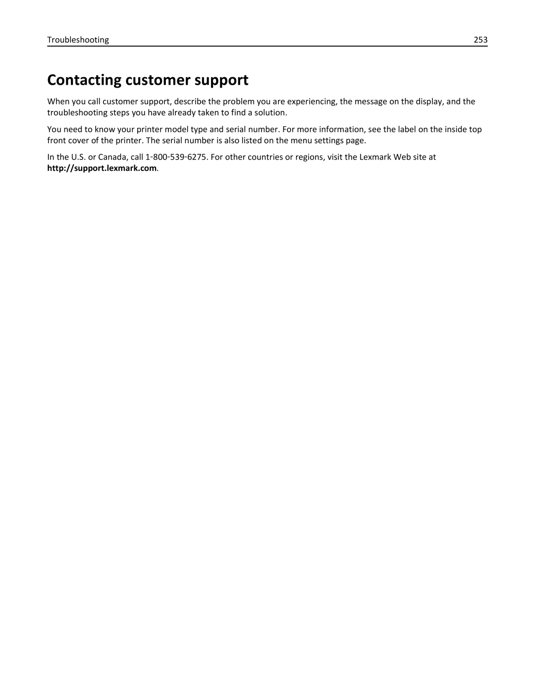 Lexmark C950 manual Contacting customer support, Troubleshooting 253 