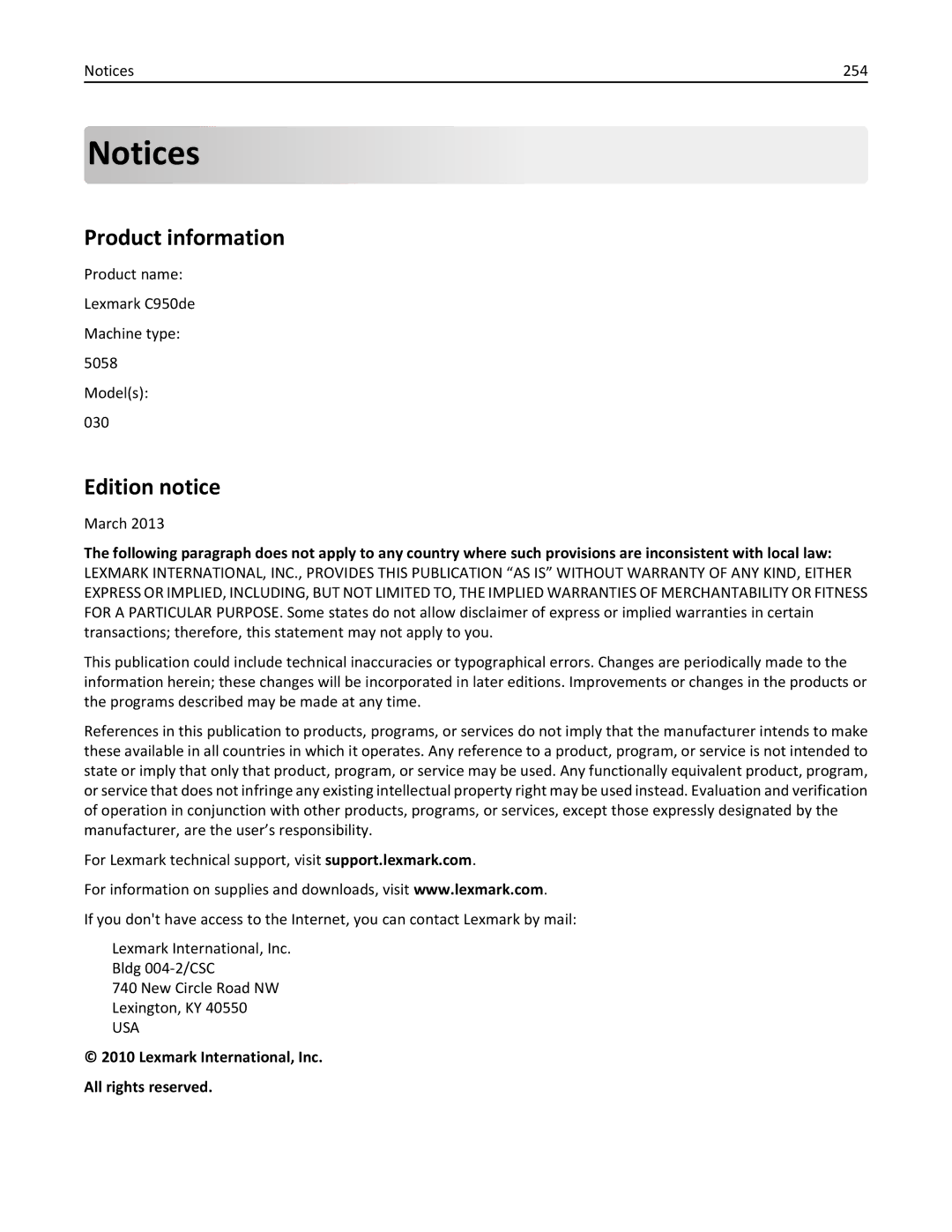 Lexmark C950 manual Product information, Edition notice, Lexmark International, Inc All rights reserved 