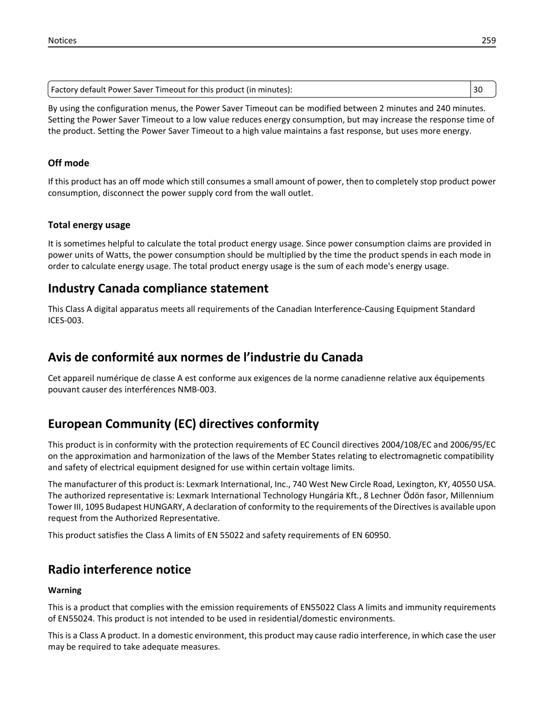 Lexmark C950 manual Industry Canada compliance statement, Avis de conformité aux normes de l’industrie du Canada 