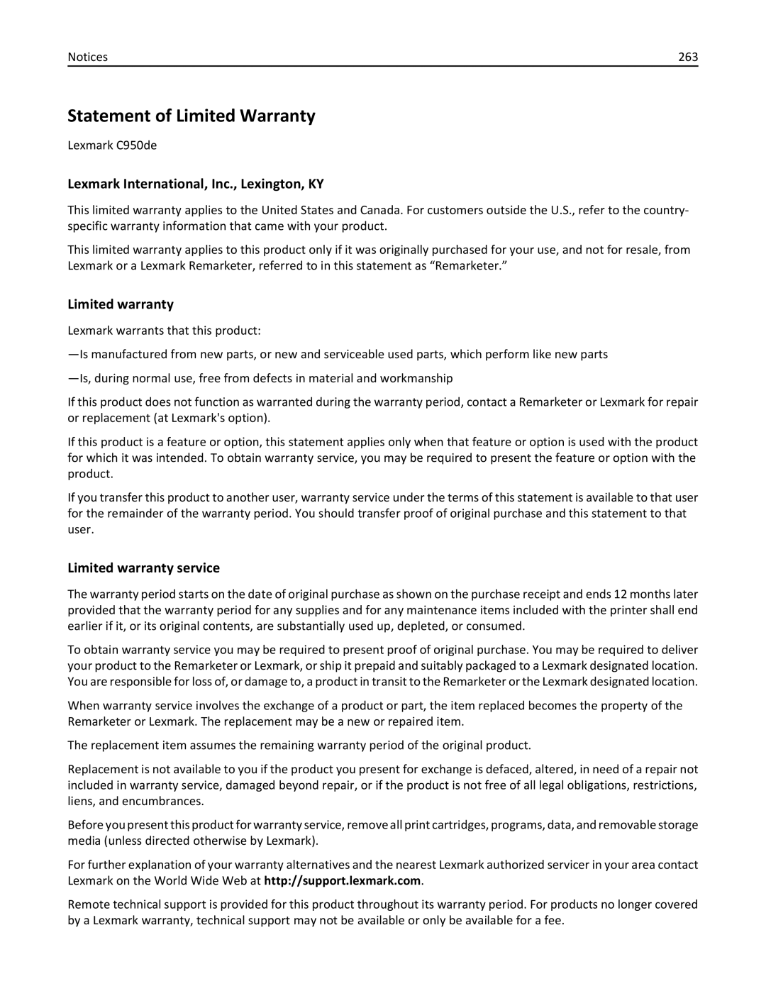 Lexmark C950 manual Statement of Limited Warranty, Lexmark International, Inc., Lexington, KY, Limited warranty, 263 