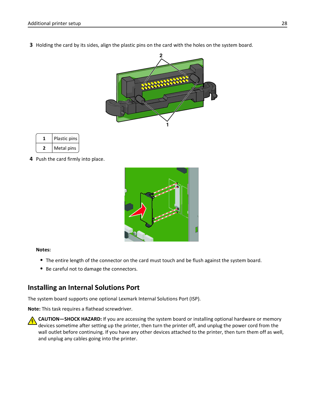 Lexmark C950 manual Installing an Internal Solutions Port, Plastic pins, Metal pins 