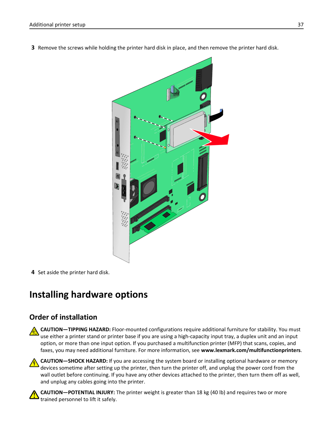 Lexmark C950 manual Installing hardware options, Order of installation 