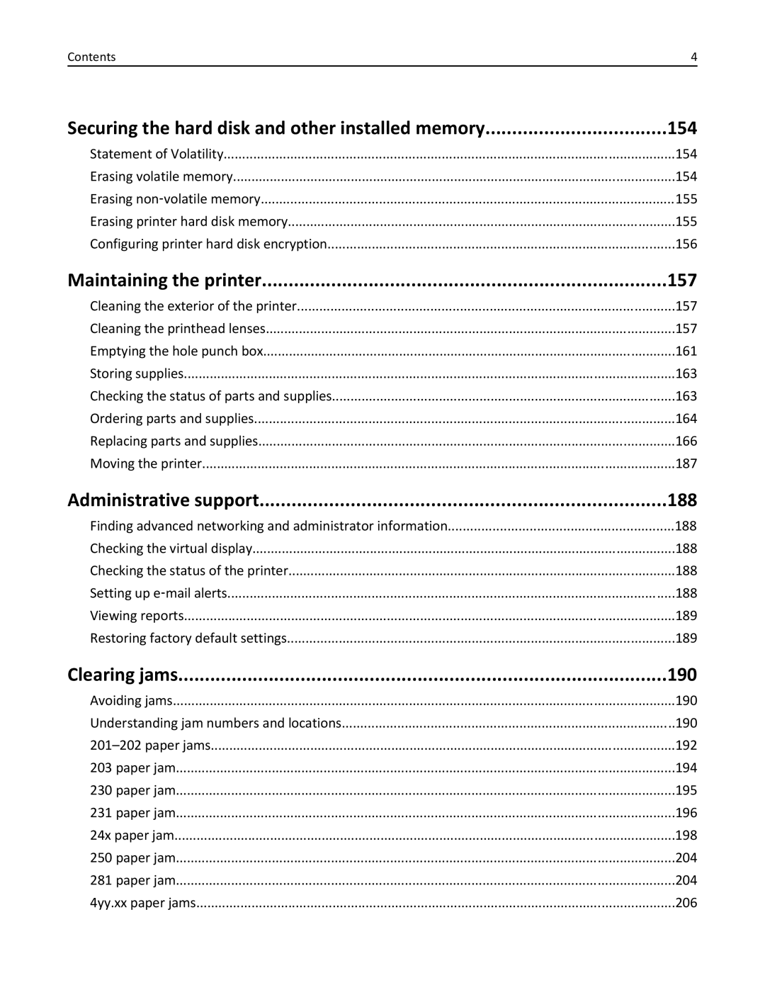 Lexmark C950 manual 154, Maintaining the printer 157, Administrative support 188, Clearing jams 190 