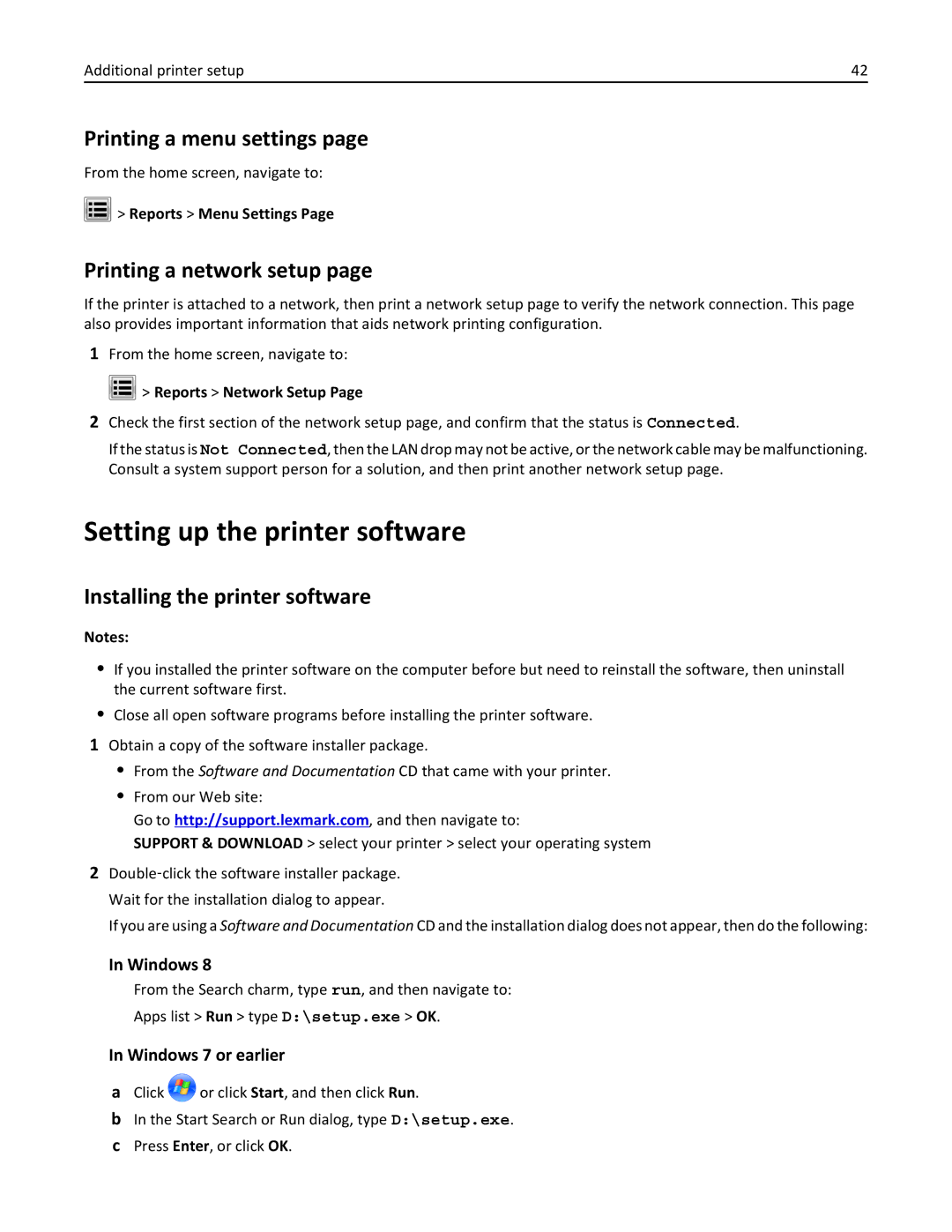 Lexmark C950 manual Setting up the printer software, Printing a menu settings, Printing a network setup 