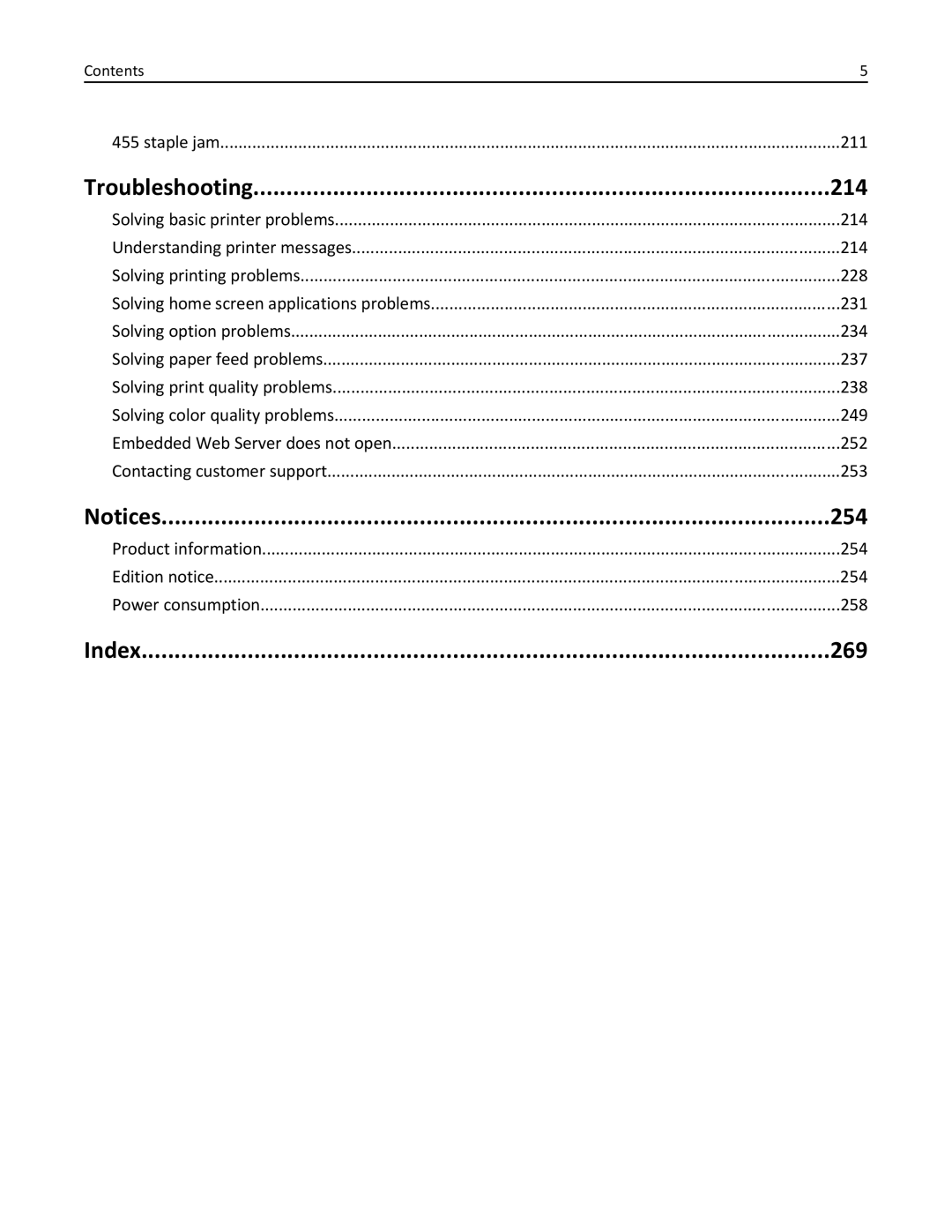 Lexmark C950 manual Troubleshooting 214, 254, Index 269 