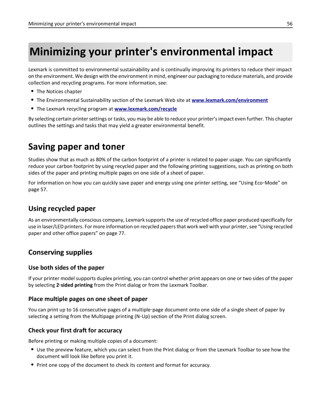 Lexmark C950 manual Minimizing your printers environmental impact, Saving paper and toner, Using recycled paper 