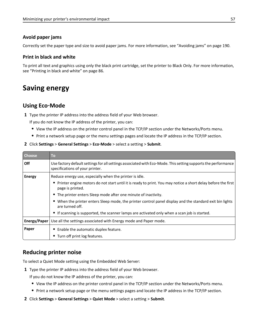 Lexmark C950 manual Saving energy, Using Eco‑Mode, Reducing printer noise, Avoid paper jams, Print in black and white 