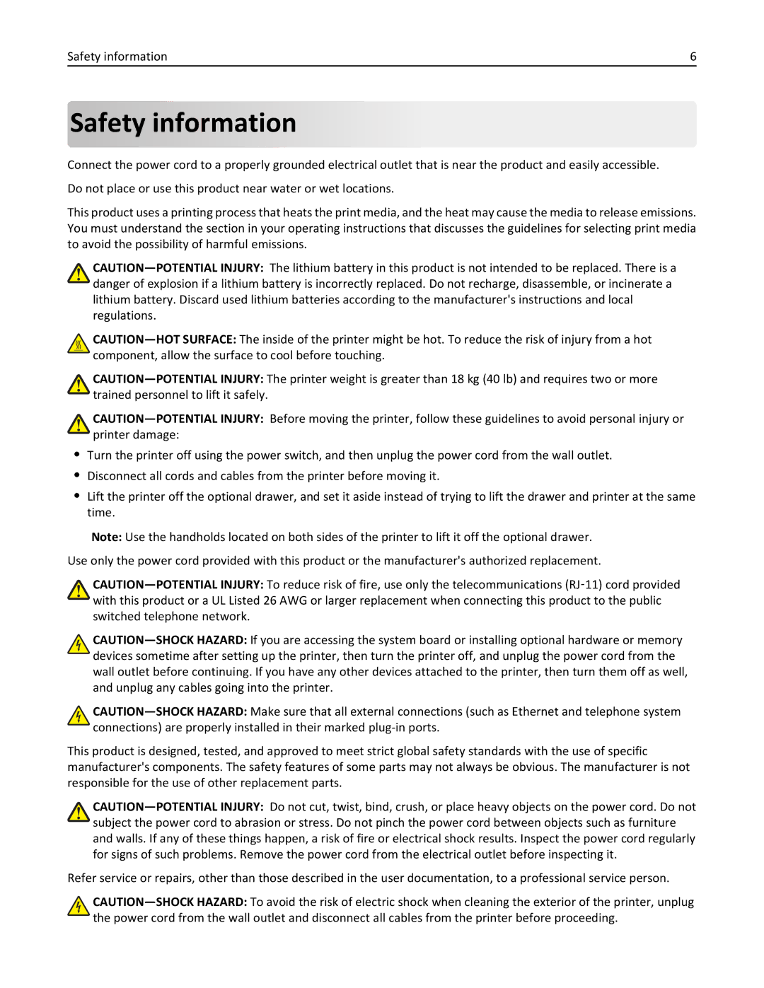 Lexmark C950 manual Safety information 