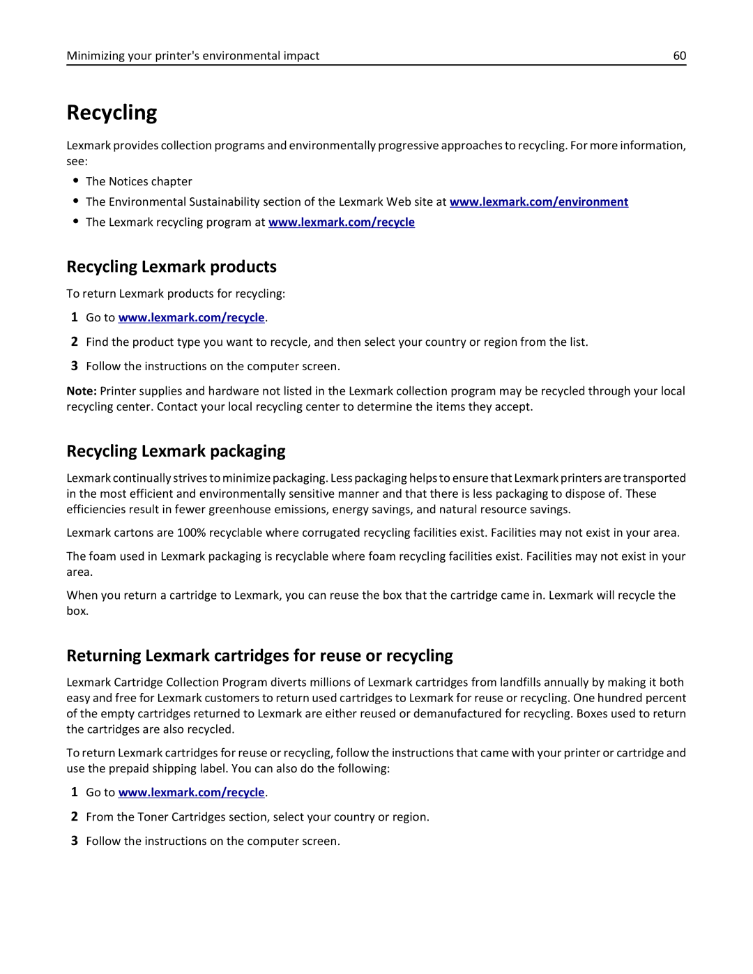 Lexmark C950 manual Recycling Lexmark products, Recycling Lexmark packaging 