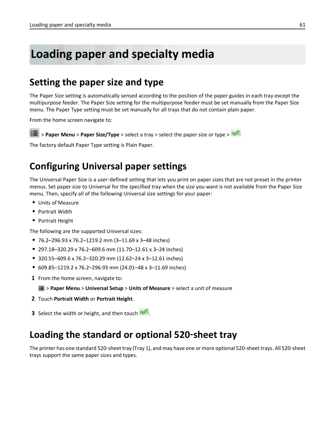 Lexmark C950 Loading paper and specialty media, Setting the paper size and type, Configuring Universal paper settings 