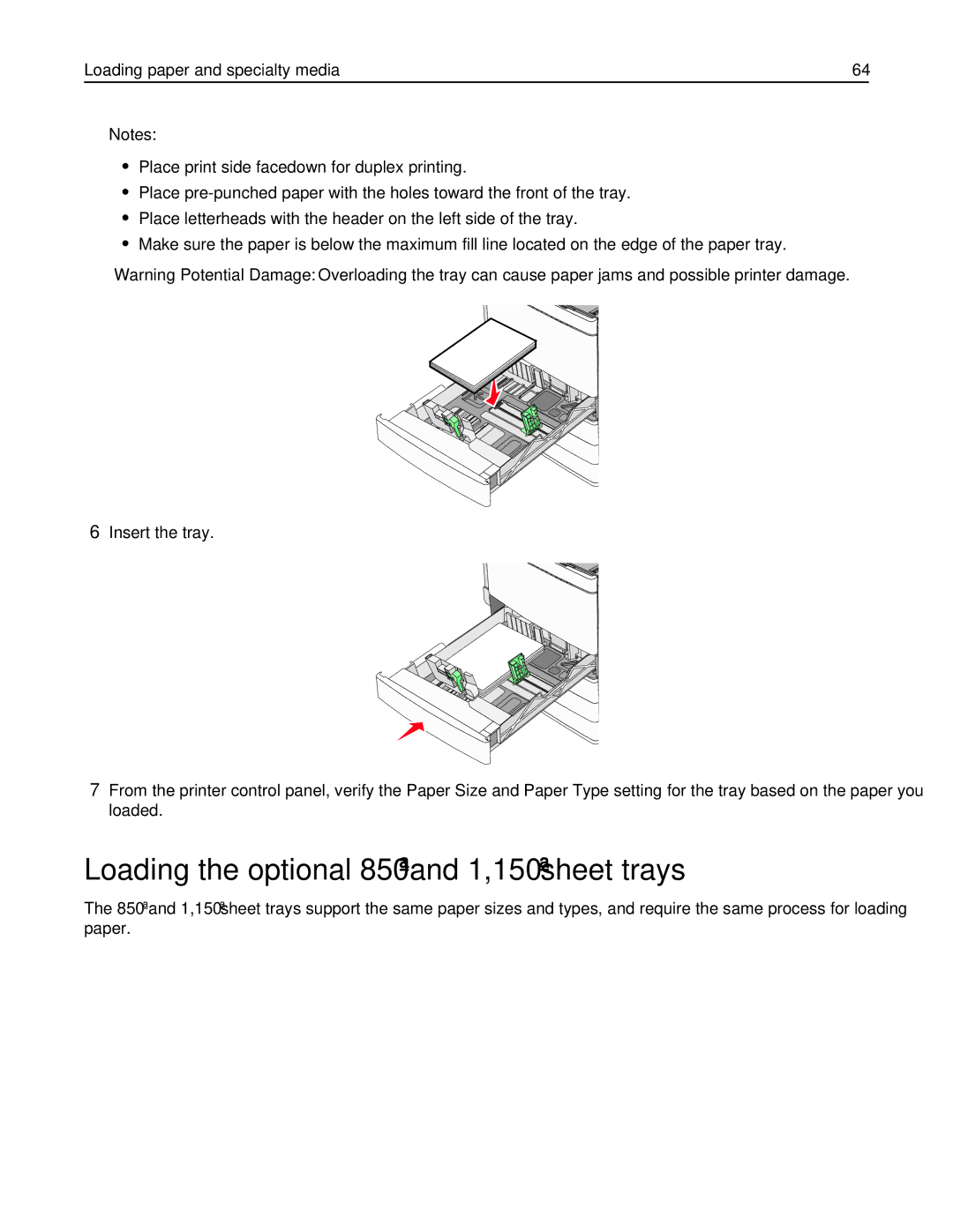 Lexmark C950 manual Loading the optional 850‑ and 1,150‑sheet trays 