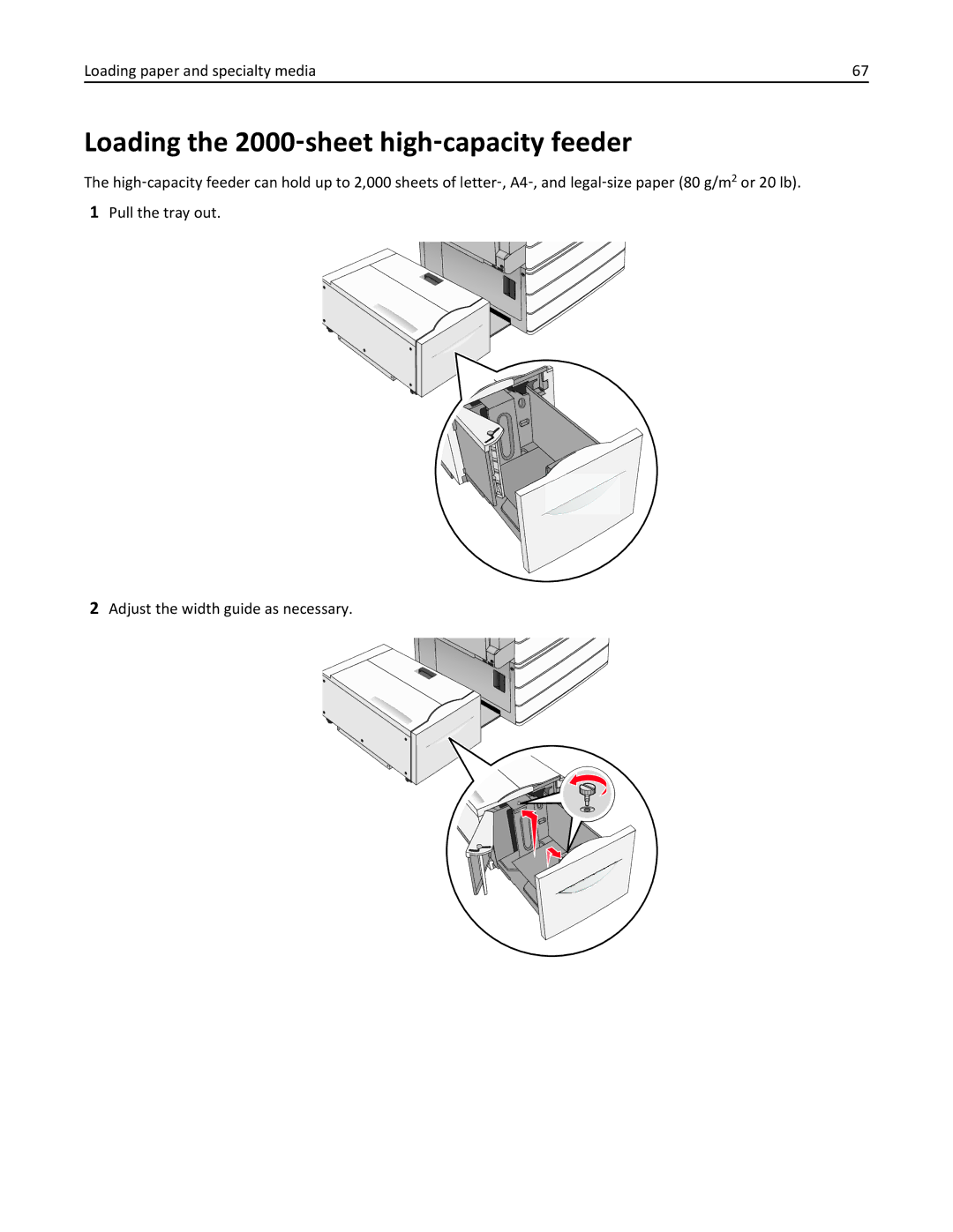 Lexmark C950 manual Loading the 2000‑sheet high‑capacity feeder, Loading paper and specialty media 