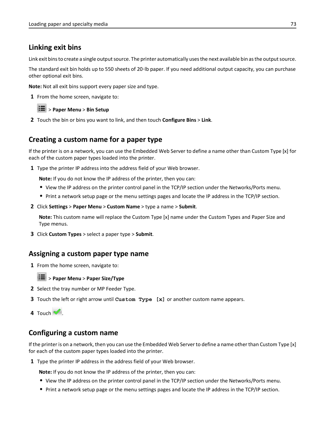 Lexmark C950 manual Linking exit bins, Creating a custom name for a paper type, Assigning a custom paper type name 