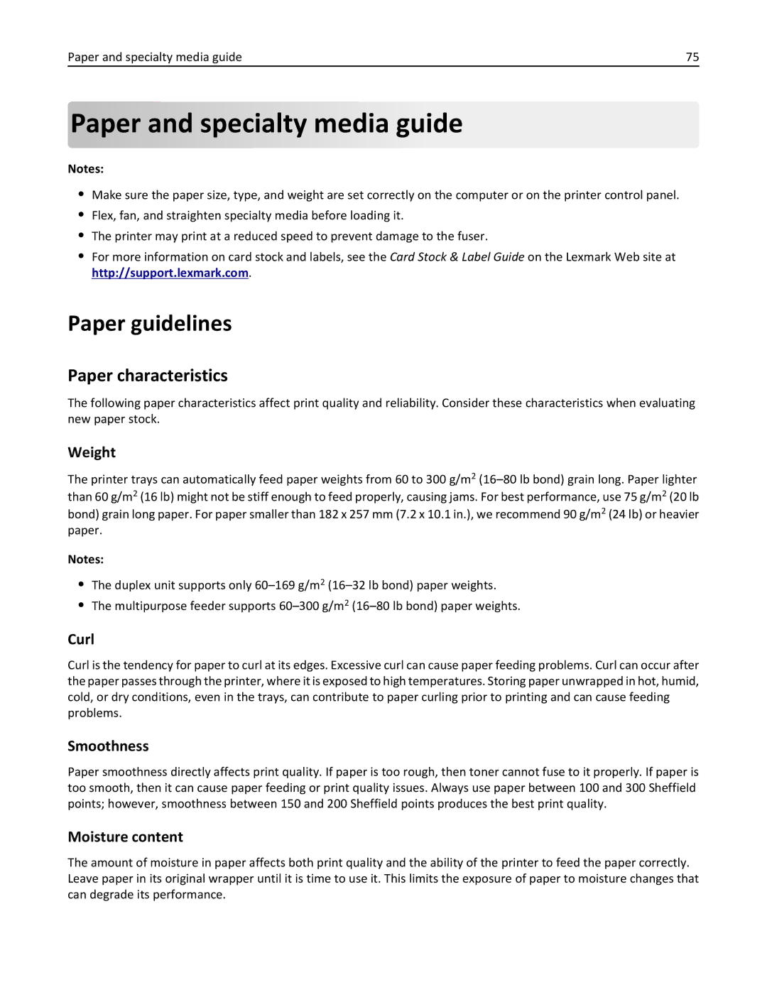 Lexmark C950 manual Paper and specialty media guide, Paper guidelines, Paper characteristics 