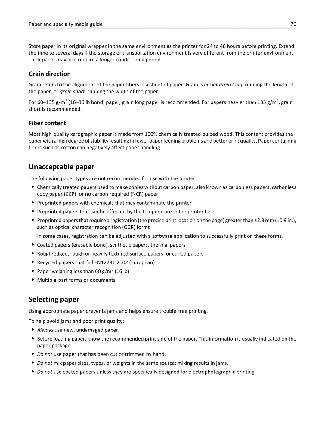 Lexmark C950 manual Unacceptable paper, Selecting paper, Grain direction, Fiber content 