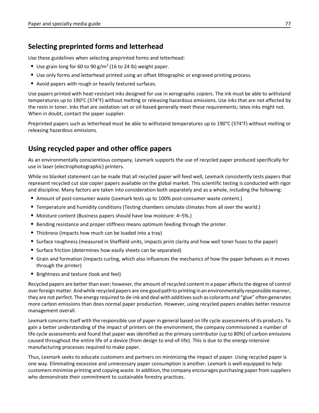 Lexmark C950 manual Selecting preprinted forms and letterhead, Using recycled paper and other office papers 