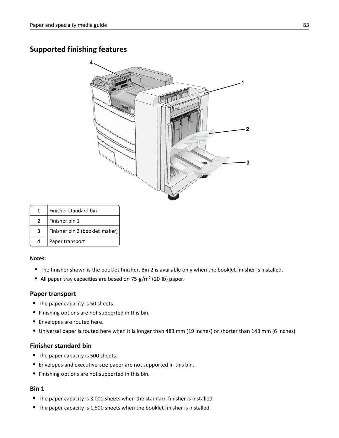 Lexmark C950 manual Supported finishing features, Paper transport, Finisher standard bin, Bin 