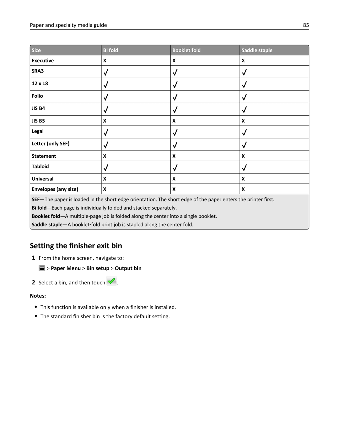 Lexmark C950 manual Setting the finisher exit bin, Paper Menu Bin setup Output bin, x Folio 