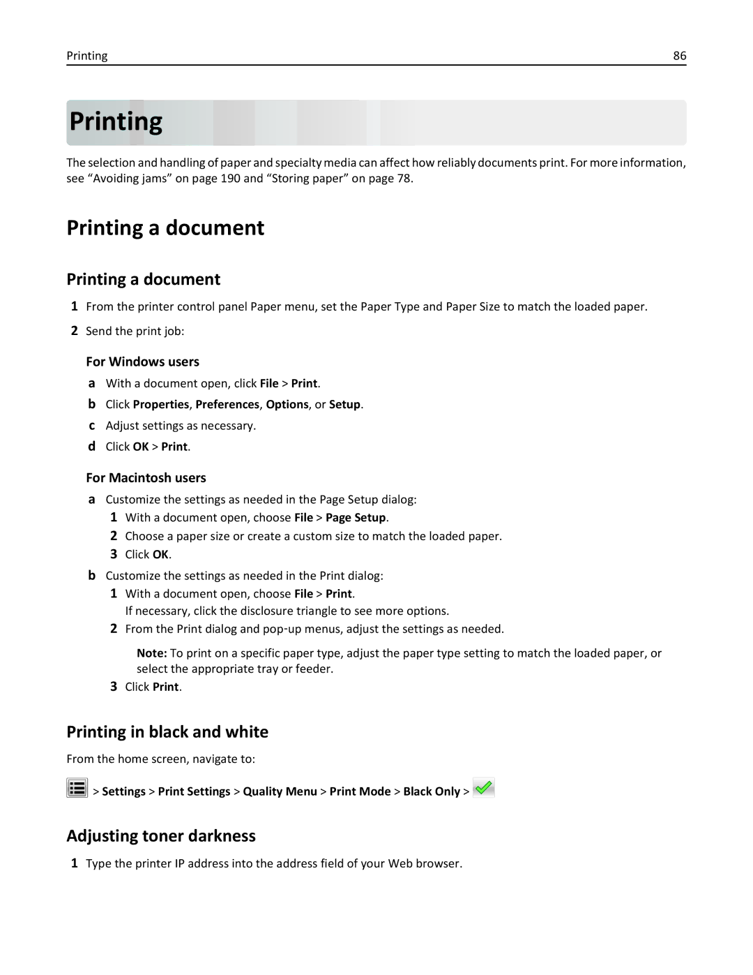 Lexmark C950 manual Printing a document, Printing in black and white, Adjusting toner darkness 