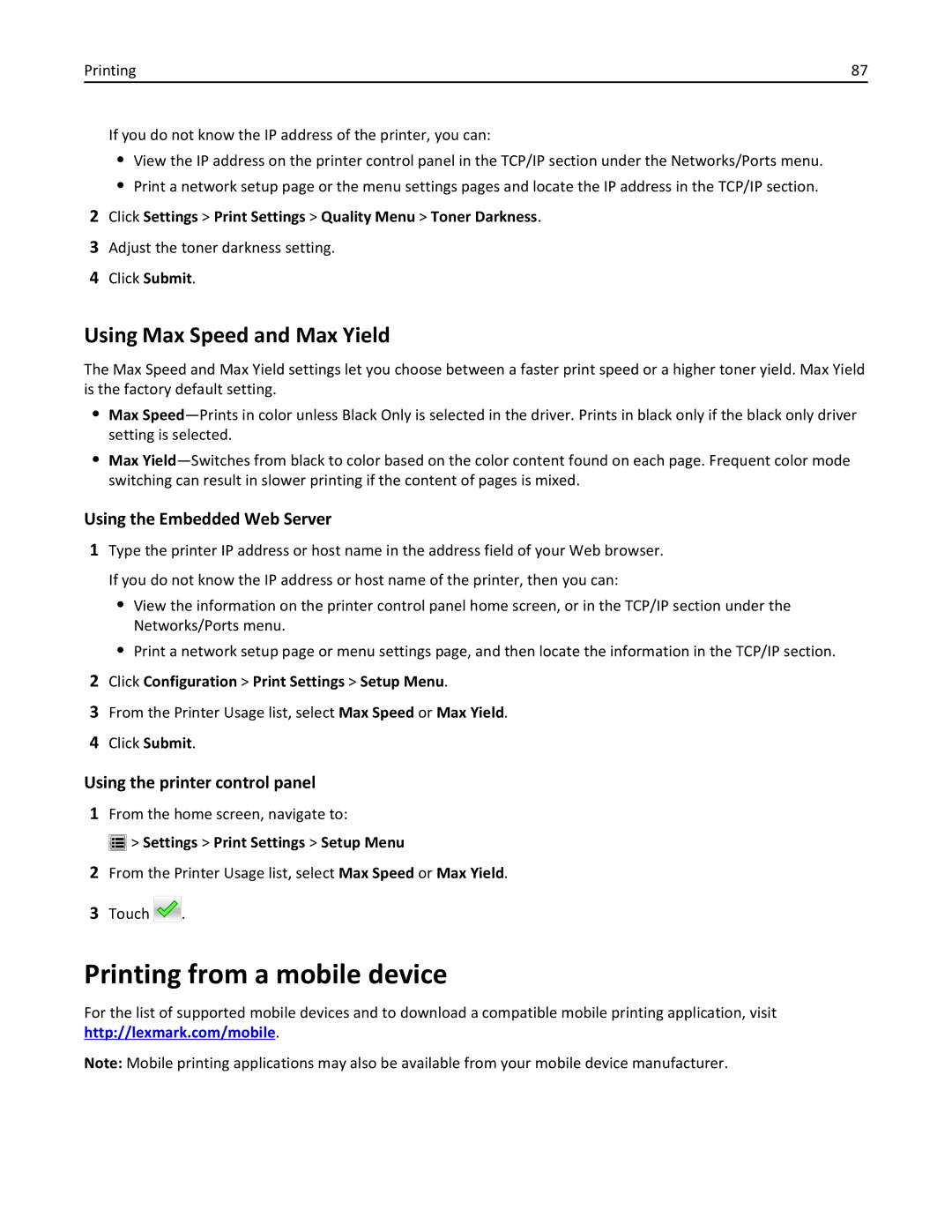 Lexmark C950 Printing from a mobile device, Using Max Speed and Max Yield, Click Configuration Print Settings Setup Menu 